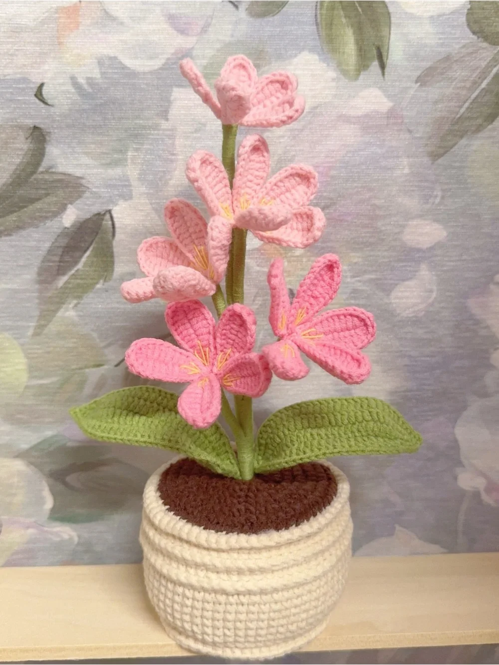 Handmade Pink Crochet Flower Plant in Cream Pot - Home Accents